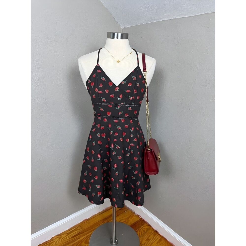 Mi Ami | Black Rose Bud Print Fit & Flare Mini Dress Crochet Waist Size XS